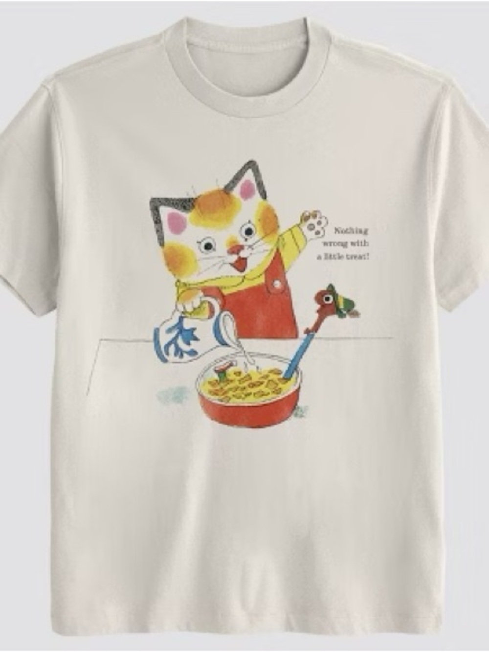🩶5/$30 Richard Scarry Cat with Cereal Off White Short Sleeve T-Shirt Mens Small